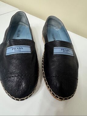 Prada Black Leather Slip-On Espadrilles with Light Blue Insole Patch